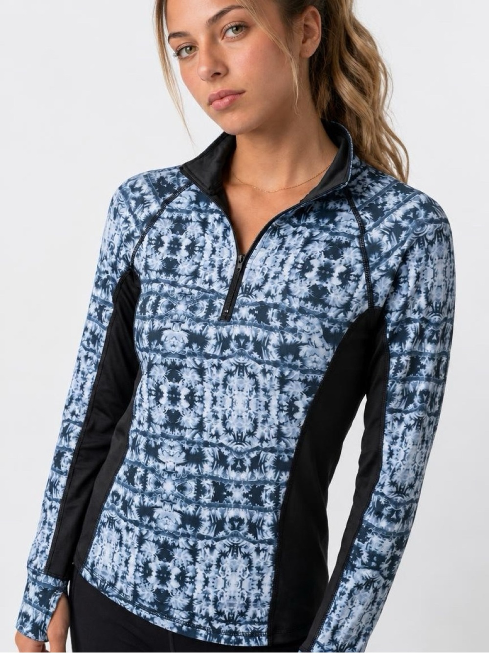 Peach Size S Quarter Zip Athletic Pullover Blue Black Print Thumbhole Active Top